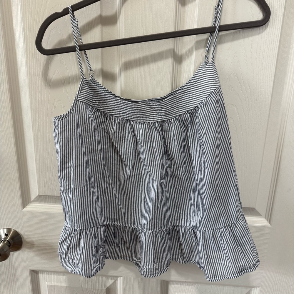 J. Crew Blue and White Striped Ruffle-Hem Camisole